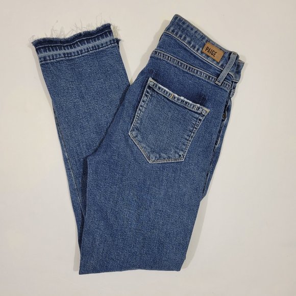 PAIGE High Rise Straight Crop Raw Hem Two Tone Denim Jean in Lyla - Picture 7 of 12